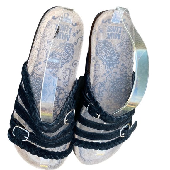 Muk Luks Terri Slide Sandals Black Suede Women 11 / 12 Strappy Flats  Slip On - Picture 11 of 14